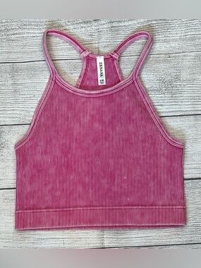 Zenana Pink Mineral Wash Ribbed Racerback Cropped Brami | Size S/M